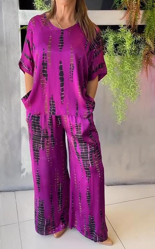 Aubrey™ - Casual todelt satin kostume med rund halsudskæring