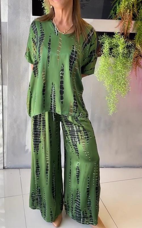 Aubrey™ - Casual todelt satin kostume med rund halsudskæring